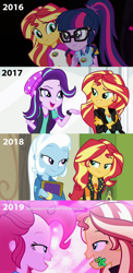 Size: 1696x3488 | Tagged: safe, edit, edited screencap, screencap, character:pinkie pie, character:starlight glimmer, character:sunset shimmer, character:trixie, character:twilight sparkle, character:twilight sparkle (scitwi), species:eqg human, equestria girls:forgotten friendship, equestria girls:legend of everfree, equestria girls:mirror magic, equestria girls:sunset's backstage pass, g4, my little pony: equestria girls, my little pony:equestria girls, spoiler:eqg series (season 2), spoiler:eqg specials, collage, progression, sunset shimmer gets all the mares, true original (song)