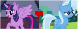 Size: 1348x508 | Tagged: safe, edit, edited screencap, screencap, character:trixie, character:twilight sparkle, character:twilight sparkle (alicorn), species:alicorn, species:pony, ship:twixie, blurry, female, lesbian, shipping, shipping domino