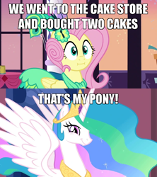 Size: 640x720 | Tagged: safe, edit, edited screencap, screencap, character:fluttershy, character:princess celestia, episode:make new friends but keep discord, episode:the return of harmony, g4, my little pony: friendship is magic, :i, :t, cake, cakelestia, caption, clothing, comic, crossing the memes, dress, faec, food, image macro, looking at you, meme, screencap comic, smiling, smirk, spread wings, text, that's my pony, that's my x, twiface, we bought two cakes, wings