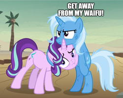 Size: 1154x916 | Tagged: safe, edit, edited screencap, screencap, character:starlight glimmer, character:trixie, ship:startrix, episode:on the road to friendship, caption, female, image macro, lesbian, meme, shipping, text, trixie yells at everything, waifu