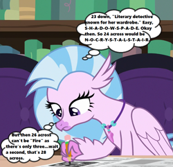 Size: 747x720 | Tagged: safe, edit, edited screencap, screencap, character:silverstream, species:hippogriff, episode:school raze, g4, my little pony: friendship is magic, season 8, spoiler:s08, beak, book, claws, cropped, crossword puzzle, female, jewelry, langston hughes, library, mother to son, necklace, pencil, school of friendship, shadow spade, solo, table, text, thought bubble, wings