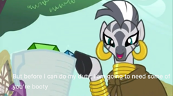 Size: 2048x1136 | Tagged: safe, edit, edited screencap, screencap, character:spike, character:zecora, species:zebra, episode:just for sidekicks, g4, my little pony: friendship is magic, dialogue, female, gem, implied spicora, innuendo, male, male pov, meme, offscreen character, out of context, pov, slowpoke, solo focus