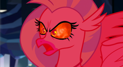 Size: 1114x612 | Tagged: safe, edit, edited screencap, screencap, character:silverstream, oc, oc:magmus, species:hippogriff, episode:what lies beneath, g4, my little pony: friendship is magic, angry, female, fire, flame eyes, glowing eyes, possessed, solo