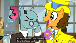Size: 1920x1080 | Tagged: safe, edit, edited screencap, screencap, character:cheese sandwich, character:sans smirk, episode:the last laugh, g4, my little pony: friendship is magic, 3, caption, hello pinkie pie, meme, youtube caption