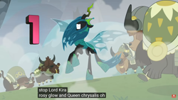 Size: 1920x1080 | Tagged: safe, edit, edited screencap, screencap, character:queen chrysalis, species:changeling, species:yak, episode:the ending of the end, g4, my little pony: friendship is magic, 1, caption, changeling queen, female, hello pinkie pie, meme, stomping, ultimate chrysalis, youtube caption