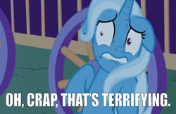 Size: 1302x844 | Tagged: safe, edit, edited screencap, screencap, character:trixie, species:pony, species:unicorn, episode:to where and back again, g4, my little pony: friendship is magic, caption, female, image macro, lip bite, mare, meme, oh crap, reaction image, reference, scared, solo, text, the big bang theory, trixie yells at everything, trixie's wagon, vulgar, wide eyes