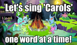 Size: 718x420 | Tagged: safe, edit, edited screencap, screencap, character:ocellus, species:changedling, species:changeling, species:reformed changeling, episode:the hearth's warming club, g4, my little pony: friendship is magic, axilla, caption, carapace (character), caroling, changeling hive, firefly lamp, hearth's warming, hoof hold, image macro, lantern, literal, lumbar, meme, meta, nymph, present, singing, spiracle, text
