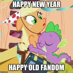 Size: 500x500 | Tagged: safe, edit, edited screencap, screencap, character:applejack, character:spike, episode:secret of my excess, g4, my little pony: friendship is magic, 2020, caption, clothing, cropped, cute, eyes closed, golden oaks library, happy new year, hat, holiday, hug, image macro, meme, party hat, smiling, text