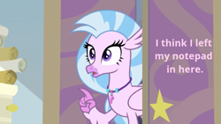 Size: 745x420 | Tagged: safe, edit, edited screencap, screencap, character:silverstream, species:hippogriff, episode:student counsel, chatting, jewelry, starlight's office, talking to viewer, text, text edit