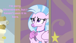 Size: 746x417 | Tagged: safe, edit, edited screencap, screencap, character:silverstream, episode:student counsel, chatting, frown, implied starlight glimmer, jewelry, offscreen character, starlight's office, text, text edit