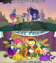 Size: 1920x2160 | Tagged: safe, edit, edited screencap, screencap, character:applejack, character:fluttershy, character:pinkie pie, character:rainbow dash, character:rarity, character:spike, character:sunset shimmer, character:twilight sparkle, character:twilight sparkle (alicorn), character:twilight sparkle (scitwi), species:alicorn, species:dragon, species:eqg human, species:pony, episode:the last problem, equestria girls:holidays unwrapped, g4, my little pony: equestria girls, my little pony: friendship is magic, my little pony:equestria girls, spoiler:eqg series (season 2), caption, gigachad spike, group photo, group shot, happy ending, happy new year, happy new year 2020, holiday, hope, humane five, humane seven, humane six, mane seven, mane six, new beginnings, o come all ye squashful, older, older applejack, older fluttershy, older mane seven, older mane six, older pinkie pie, older rainbow dash, older rarity, older spike, older twilight, positive message, princess twilight 2.0, the end, winged spike
