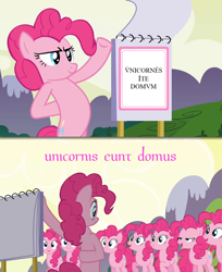 Size: 1024x1253 | Tagged: safe, edit, edited screencap, screencap, character:pinkie pie, species:earth pony, species:pony, episode:too many pinkie pies, g4, my little pony: friendship is magic, exploitable, latin, monty python, monty python's life of brian, pinkie clone