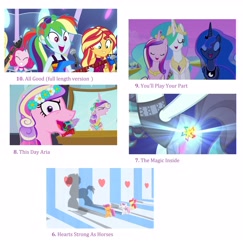 Size: 2896x2976 | Tagged: safe, edit, edited screencap, screencap, character:apple bloom, character:coloratura, character:pinkie pie, character:princess cadance, character:princess celestia, character:princess luna, character:queen chrysalis, character:rainbow dash, character:scootaloo, character:sunset shimmer, character:sweetie belle, species:pegasus, species:pony, episode:a canterlot wedding, episode:flight to the finish, episode:the mane attraction, episode:twilight's kingdom, equestria girls:spring breakdown, g4, my little pony: equestria girls, my little pony: friendship is magic, my little pony:equestria girls, spoiler:eqg series (season 2), all good (song), canterlot castle, collage, cutie mark, cutie mark crusaders, disguise, disguised changeling, fake cadance, hearts strong as horses, list, rara, shadow, singing, the magic inside, this day aria, top 20 g4 songs, you'll play your part