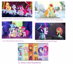 Size: 3072x2684 | Tagged: safe, edit, edited screencap, screencap, character:applejack, character:bright mac, character:fluttershy, character:pear butter, character:pinkie pie, character:rainbow dash, character:rarity, character:sunset shimmer, character:twilight sparkle, character:twilight sparkle (alicorn), species:alicorn, species:pony, episode:friendship through the ages, episode:pinkie pride, episode:the perfect pear, episode:twilight's kingdom, equestria girls:rainbow rocks, g4, my little pony: equestria girls, my little pony: friendship is magic, my little pony:equestria girls, clothing, collage, group shot, let the rainbow remind you, list, microphone, musical instrument, piano, scarf, shared clothing, shared scarf, shine like rainbows, snow, the rainbooms, top 20 g4 songs, tree, twilight's castle, you're in my head like a catchy song