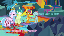 Size: 776x434 | Tagged: safe, edit, edited screencap, screencap, character:gallus, character:ocellus, character:sandbar, character:silverstream, character:smolder, character:tree of harmony, species:changedling, species:changeling, species:dragon, species:earth pony, species:griffon, species:hippogriff, species:pony, episode:uprooted, g4, my little pony: friendship is magic, argument, cave, chatting, gallus is not amused, looking at each other, looking at someone, looking down, ocellus is not amused, paint, painted, pointing, raised claw, shrunken pupils, silverstream is not amused, text, tree, tree of harmony, unamused