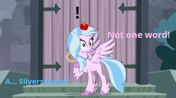 Size: 776x434 | Tagged: safe, edit, edited screencap, screencap, character:silverstream, species:classical hippogriff, species:hippogriff, episode:school daze, g4, my little pony: friendship is magic, apple, apple on head, castle, exclamation point, female, food, offscreen character, outdoors, raised claw, shocked expression, solo, spread wings, stairs, text edit, wings