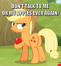 Size: 536x573 | Tagged: safe, edit, edited screencap, screencap, character:applejack, episode:going to seed, g4, my little pony: friendship is magic, apple, butt, caption, cropped, don't talk to me or my son ever again, food, frown, image macro, meme, plot, text
