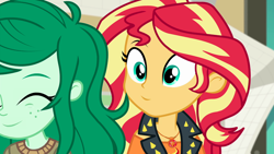 Size: 800x450 | Tagged: safe, edit, edited screencap, screencap, character:sunset shimmer, character:wallflower blush, equestria girls:forgotten friendship, g4, my little pony: equestria girls, my little pony:equestria girls, adorkable, cute, dork, duo, duo female, female, flowerbetes, geode of empathy, magical geodes, shimmerbetes, smiling, stare