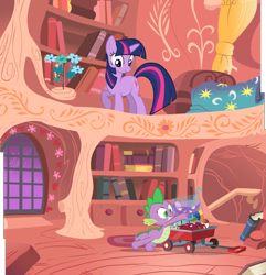 Size: 2939x3052 | Tagged: safe, edit, edited screencap, screencap, character:spike, character:twilight sparkle, character:twilight sparkle (unicorn), species:dragon, species:pony, species:unicorn, episode:owl's well that ends well, g4, my little pony: friendship is magic, apple, bed, book, bookshelf, cart, composite screencap, duo, female, flower, food, golden oaks library, looking down, mare, punch (drink), punch bowl