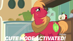 Size: 748x419 | Tagged: safe, edit, edited screencap, screencap, character:big mcintosh, species:earth pony, species:pony, episode:the break up break down, cute, cute mode activated, discovery family logo, food, macabetes, male, meme, oven, pie, pointing, puppy dog eyes, solo, stallion, text