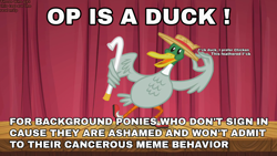 Size: 1280x720 | Tagged: safe, edit, edited screencap, screencap, species:bird, species:duck, episode:may the best pet win, g4, my little pony: friendship is magic, caption, dancing, image macro, meme, op is a duck, rant, solo, text