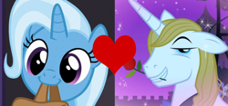 Size: 1448x680 | Tagged: safe, edit, edited screencap, screencap, character:prince blueblood, character:trixie, ship:bluetrix, episode:the best night ever, episode:to where and back again, g4, my little pony: friendship is magic, female, male, shipping, shipping domino, straight