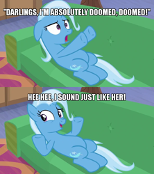 Size: 640x720 | Tagged: safe, edit, edited screencap, screencap, character:trixie, species:pony, episode:on the road to friendship, episode:the saddle row review, g4, my little pony: friendship is magic, behaving like rarity, caption, comic, couch, cropped, darling, female, grin, image macro, lying down, meme, screencap comic, smiling, solo, text, worried