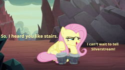Size: 747x421 | Tagged: safe, edit, edited screencap, screencap, character:fluttershy, species:pegasus, species:pony, episode:sweet and smoky, g4, my little pony: friendship is magic, bongos, caption, female, flutterstream is not happening, implied flutterstream, implied garble, implied silverstream, implied stairs, looking at someone, mare, meme, narrowed eyes, solo, text edit, that pony sure does love silverstream's stairs