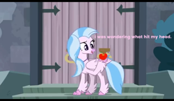 Size: 1024x600 | Tagged: safe, edit, edited screencap, screencap, character:silverstream, species:classical hippogriff, species:hippogriff, episode:school daze, g4, my little pony: friendship is magic, apple, castle, claw hold, closed wing, female, food, happy, looking at something, outdoors, raised claw, solo, stairs, text edit, wings