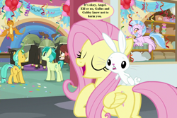 Size: 1080x720 | Tagged: safe, edit, edited screencap, screencap, character:angel bunny, character:citrine spark, character:fire quacker, character:fluttershy, character:sandbar, character:silverstream, character:yona, species:classical hippogriff, species:dragon, species:earth pony, species:hippogriff, species:pony, species:unicorn, species:yak, episode:school daze, g4, my little pony: friendship is magic, balloon, bow, confetti, cropped, cute, dialogue, diastreamies, implied gabby, implied gallus, lapine, monkey swings, plot, quackerdorable, sandabetes, school of friendship, shyabetes, speech, speech bubble, watership down, yonadorable