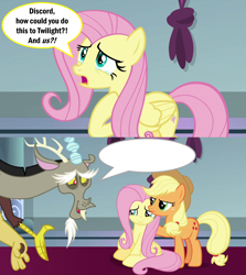Size: 2000x2246 | Tagged: safe, edit, edited screencap, screencap, character:applejack, character:discord, character:fluttershy, species:draconequus, species:earth pony, species:pegasus, species:pony, episode:the ending of the end, g4, my little pony: friendship is magic, applejack is not amused, applejack's hat, beard, blank speech bubble, canterlot throne room, caption, clothing, comforting, comic, cowboy hat, crying, dialogue, discord tries to defend himself, exploitable meme, eyebrows, facial hair, female, glare, grin, hat, image macro, male, mare, meme, meme template, nervous, nervous grin, screencap comic, sitting, smiling, speech bubble, teary eyes, text, unamused
