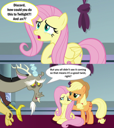 Size: 2000x2246 | Tagged: safe, edit, edited screencap, screencap, character:applejack, character:discord, character:fluttershy, species:pony, episode:the ending of the end, g4, my little pony: friendship is magic, canterlot throne room, caption, comic, crying, dialogue, discord drama, discord tries to defend himself, exploitable meme, glare, image macro, meme, screencap comic, series finale drama, sheepish grin, speech bubble, text, what a twist