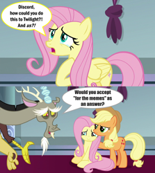 Size: 912x1024 | Tagged: safe, edit, edited screencap, screencap, character:applejack, character:discord, character:fluttershy, species:pony, episode:the ending of the end, g4, my little pony: friendship is magic, discord tries to defend himself, exploitable meme, impact font, implied twilight sparkle, meme