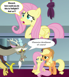 Size: 2000x2246 | Tagged: safe, edit, edited screencap, screencap, character:applejack, character:discord, character:fluttershy, species:pony, episode:the ending of the end, g4, my little pony: friendship is magic, angry, caption, character derailment, comic, crying, dialogue, discord drama, discord tries to defend himself, exploitable meme, image macro, meme, screencap comic, series finale drama, sheepish grin, speech bubble, text