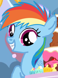 Size: 549x738 | Tagged: safe, edit, edited screencap, screencap, character:rainbow dash, species:pegasus, species:pony, episode:pinkie pride, g4, my little pony: friendship is magic, braces, cake, cropped, female, filly, filly rainbow dash, food, manip, solo, younger