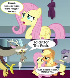 Size: 978x1098 | Tagged: safe, edit, edited screencap, screencap, character:applejack, character:discord, character:fluttershy, character:maud pie, species:draconequus, species:earth pony, species:pegasus, species:pony, episode:the ending of the end, g4, my little pony: friendship is magic, applejack is not amused, applejack's hat, beard, canterlot throne room, caption, clothing, comforting, comic, cowboy hat, crying, dialogue, discord tries to defend himself, dwayne johnson, exploitable meme, eyebrows, facial hair, female, forgiveness, glare, grin, hat, image macro, male, mare, meme, nervous, nervous grin, pun, rikishi, rock, screencap comic, sitting, smiling, speech bubble, sports, teary eyes, text, that pony sure does love rocks, the rock, unamused, wrestling, wwf