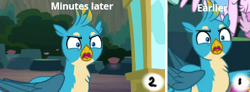 Size: 415x153 | Tagged: safe, edit, edited screencap, screencap, character:gallus, character:silverstream, species:griffon, species:hippogriff, episode:uprooted, g4, my little pony: friendship is magic, angry, booth, canyon, closed wing, comparison, female, ironic, offscreen character, open mouth, outdoors, right to left, showing, solo, time travel