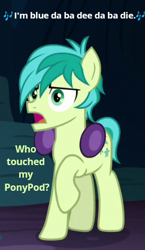 Size: 242x418 | Tagged: safe, edit, edited screencap, screencap, character:sandbar, species:earth pony, species:pony, episode:uprooted, g4, my little pony: friendship is magic, blue (da ba dee), bluetooth, cropped, earmuffs, eiffel 65, headphones, hooves, ipod, male, meme, music notes, raised hoof, solo, song reference