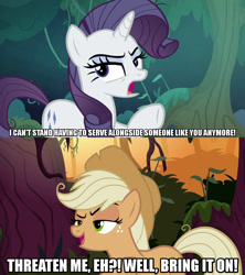 Size: 1280x1440 | Tagged: safe, edit, edited screencap, screencap, character:mean applejack, character:mean rarity, species:earth pony, species:pony, species:unicorn, episode:the mean 6, g4, my little pony: friendship is magic, caption, clone, female, image macro, meme, text