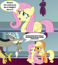 Size: 2000x2246 | Tagged: safe, edit, edited screencap, screencap, character:applejack, character:discord, character:fluttershy, species:draconequus, species:earth pony, species:pegasus, species:pony, episode:the ending of the end, g4, my little pony: friendship is magic, angry, applejack's hat, caption, clothing, comic, cowboy hat, crying, dialogue, discord tries to defend himself, exploitable meme, female, glare, hat, image macro, jim miller, mare, meme, sad, screencap comic, sitting, speech bubble, teary eyes, text