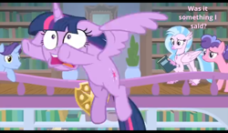 Size: 1024x600 | Tagged: safe, edit, edited screencap, screencap, character:berry blend, character:berry bliss, character:november rain, character:silverstream, character:twilight sparkle, character:twilight sparkle (alicorn), species:alicorn, species:earth pony, species:pony, episode:starlight the hypnotist, spoiler:interseason shorts, balcony, book, caption, closed wing, confused, faec, flying away, friendship student, image macro, leaning, library, patrick star, reference, scared, school of friendship, shrunken pupils, spongebob squarepants, text, text edit, the spongebob squarepants movie, youtube link