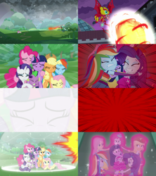 Size: 2560x2880 | Tagged: safe, edit, screencap, character:applejack, character:cozy glow, character:fluttershy, character:lord tirek, character:pinkie pie, character:queen chrysalis, character:rainbow dash, character:rarity, character:spike, character:sunset satan, character:sunset shimmer, character:twilight sparkle, character:twilight sparkle (alicorn), species:alicorn, species:centaur, species:changeling, species:dragon, species:earth pony, species:pegasus, species:pony, species:unicorn, episode:the ending of the end, equestria girls:equestria girls, g4, my little pony: equestria girls, my little pony: friendship is magic, my little pony:equestria girls, alicornified, aura, blast, changeling queen, clothing, comparison, cozycorn, demon, dress, fall formal outfits, female, force field, humane five, humane six, magic, magic blast, male, mane seven, mane six, mare, race swap, sunset satan, ultimate chrysalis, windigo, winged spike