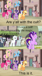 Size: 569x1022 | Tagged: safe, edit, edited screencap, screencap, character:applejack, character:double diamond, character:fluttershy, character:night glider, character:party favor, character:pinkie pie, character:rainbow dash, character:rarity, character:starlight glimmer, character:sugar belle, character:twilight sparkle, character:twilight sparkle (alicorn), species:alicorn, species:earth pony, species:pegasus, species:pony, species:unicorn, episode:the cutie map, g4, my little pony: friendship is magic, cult, equal cutie mark, king of the hill, our town
