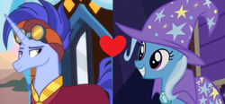Size: 1370x638 | Tagged: safe, edit, edited screencap, screencap, character:hoo'far, character:trixie, ship:trixfar, episode:on the road to friendship, episode:uncommon bond, g4, my little pony: friendship is magic, female, male, shipping, shipping domino, straight