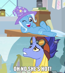 Size: 1272x1440 | Tagged: safe, edit, edited screencap, screencap, character:hoo'far, character:trixie, ship:trixfar, episode:a horse shoe-in, episode:on the road to friendship, g4, my little pony: friendship is magic, caption, comic, female, image macro, male, meme, oh no he's hot, screencap comic, shipping, straight, text