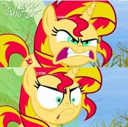 Size: 479x476 | Tagged: safe, edit, edited screencap, screencap, character:sunset shimmer, species:pony, species:unicorn, episode:tanks for the memories, g4, my little pony: friendship is magic, angry, character swap, do i look angry, faec, shrunken pupils