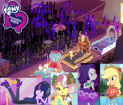 Size: 1788x1536 | Tagged: safe, edit, edited screencap, screencap, character:applejack, character:rarity, character:twilight sparkle, character:vignette valencia, ship:rarijack, episode:the other side, equestria girls:legend of everfree, equestria girls:rollercoaster of friendship, g4, my little pony: equestria girls, my little pony:equestria girls, clothing, dress, fanfic, fanfic art, fanfic cover, female, lesbian, parade, shipping, vignette valencia