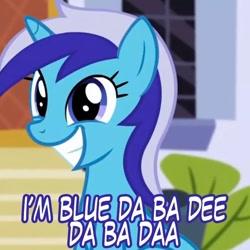 Size: 720x720 | Tagged: safe, edit, edited screencap, screencap, character:minuette, species:pony, species:unicorn, episode:amending fences, g4, my little pony: friendship is magic, blue (da ba dee), caption, cropped, cute, eiffel 65, female, grin, i'm blue, looking at you, mare, minubetes, smiling, solo, song reference
