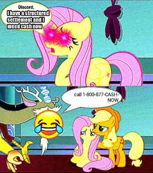 Size: 719x813 | Tagged: safe, edit, edited screencap, screencap, character:applejack, character:discord, character:fluttershy, episode:the ending of the end, g4, my little pony: friendship is magic, advertisement, angry, applejack is not amused, crying, deep fried meme, discord tries to defend himself, glowing eyes, h, j.g. wentworth, meme, sad, stupid, unamused, 👌, 😂