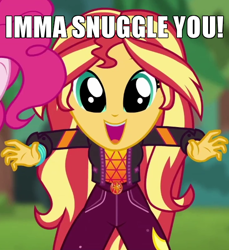 Size: 550x600 | Tagged: safe, edit, edited screencap, screencap, character:pinkie pie, character:sunset shimmer, episode:wake up!, g4, my little pony: equestria girls, my little pony:equestria girls, spoiler:choose your own ending (season 2), spoiler:eqg series (season 2), caption, cropped, cute, dilated pupils, female, geode of empathy, geode of sugar bombs, image macro, imma snuggle you, incoming hug, magical geodes, meme, shimmerbetes, snuggles?, solo focus, sugar rush, text, wake up!: pinkie pie